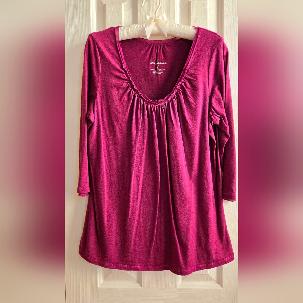 Eddie Bauer Pink Red Ruched 3/4 Sleeve Pullover Tunic Blouse EUC